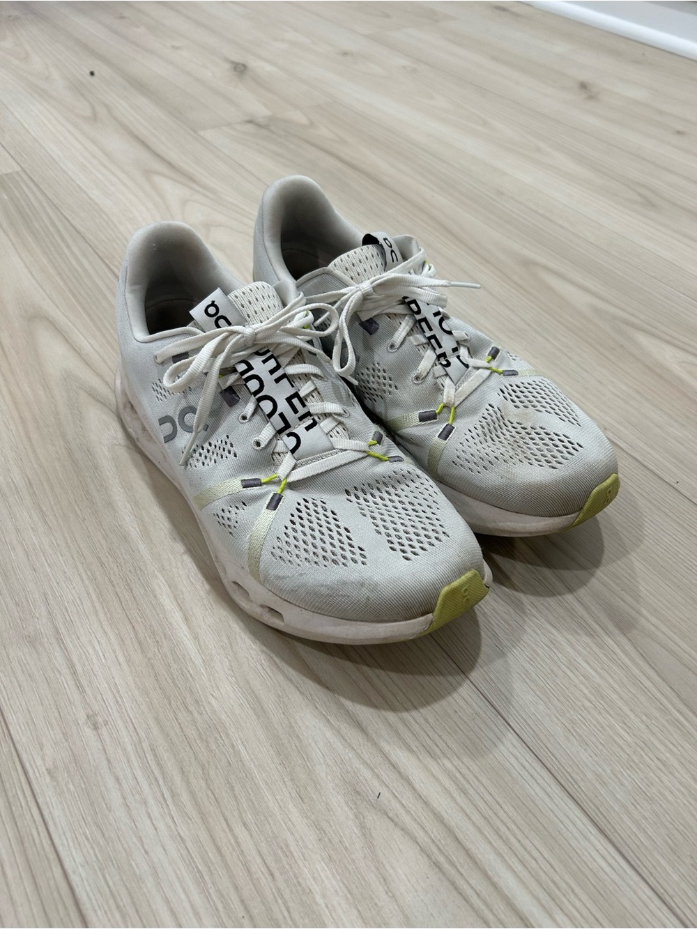 On Running Women's White Lace-Up Running Shoes with Lime Accents